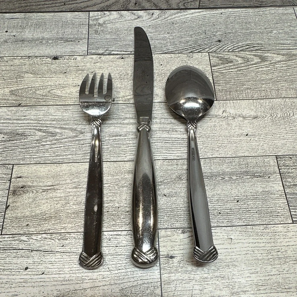 Oneida USA Rattan Stainless Steel Shiny Silver Etched Flatware 3PC Vintage